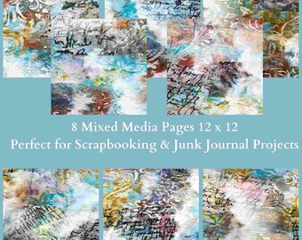 8 mixed media backgrounds 12 x 12 inches for junk journals, scrapbooks and mixed media