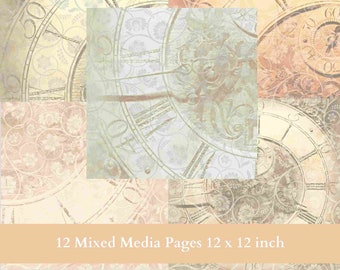 12 clock mixed media backgrounds featuring 12 x 12 inch for junk journals, scrapbooks and mixed media