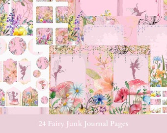 24 page Fairy junk journal set. Digital download, print at home on A4 paper. Includes papers and embellishments.