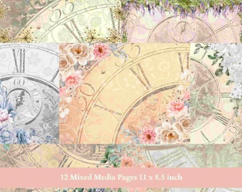 12 clock mixed media backgrounds 11 x 8.5 inches for junk journals, scrapbooks and mixed media