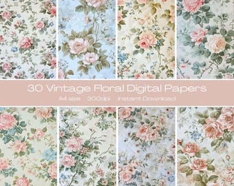 A4 Vintage Floral Junk Journal Papers – Shabby Chic Pastel Printable 30 Pages