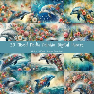 Mixed Media Delfine | Junk Journal Papier | Druckbares Papier | Digitaler Download | Set 20 Stück Papiere | Mixed Media Kunst