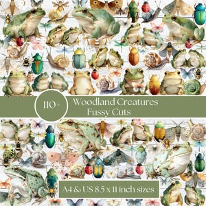May include: A collection of watercolor illustrations featuring woodland creatures. The image showcases frogs, butterflies, snails, beetles, and other insects. The text reads "110+ Woodland Creatures Fussy Cuts" and "A4 & US 8.5 x 11 inch sizes".