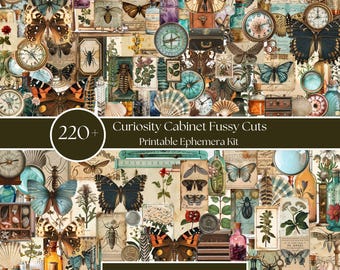 May include: A collage of vintage ephemera featuring butterflies, insects, clocks, compasses, and botanical illustrations. The image includes the text "Curiosity Cabinet Fussy Cuts Printable Ephemera Kit" and "A4 & US 8.5 x 11 inch sizes".