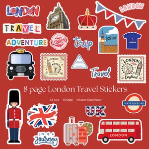 Kit de pegatinas digitales de Londres / Tamaño A4 / 8 páginas / Viajes / Impresión en casa en papel adhesivo / Descarga instantánea / Efímera / Recorta después de imprimir