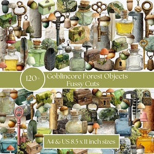 May include: A collage of whimsical, watercolor-style illustrations featuring keys, acorns, mushrooms, bottles, small chests, and bells. The text reads "120+ Goblincore Forest Objects Fussy Cuts" and "A4 & US 8.5 x 11 inch sizes."
