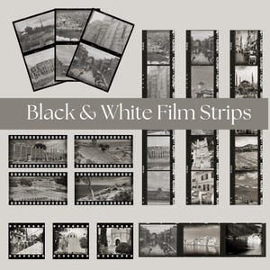 126 czarno-białych (tematyka podróży po Europie) pasków filmu | Idealne do dzienników, stron w technice mieszanej | Wydruki na papierze lub kartonie 8,5 x 11