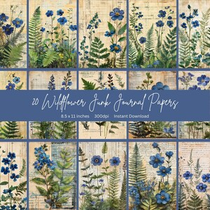 8.5 x 11 inch Junk journal paper scrapbook paper digital junk journal papers for scrapbook junk journal kits blue wildflower junk journal