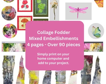 Collage Fodder, Mixed Embellishments, 4 pages-over 90 pieces, perfect for junk journals & mixed media projects. Digital Download- printable