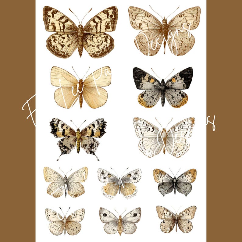 Op de afbeelding: Een verzameling van tien vlinderillustraties in verschillende kleuren en patronen. De vlinders vari&euml;ren van lichtbeige tot donkerbruin, met gedetailleerde vleugelontwerpen. De achtergrond is effen bruin met witte tekst.