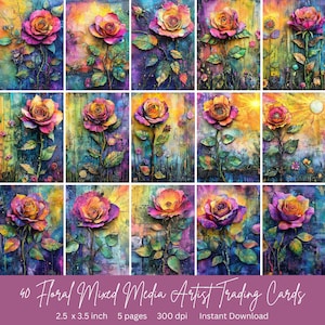 40 Floral Mixed Media Digital Artist Trading Cards | Instant Download | ATC Cards | Perfect for junk journal pages | 2.5 x 3.5 inches