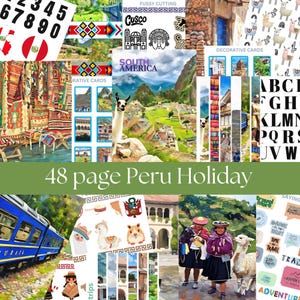 Kit de diario de viaje a Perú, papeles A4 y material efímero de 48 páginas para diarios de viaje y álbumes de recortes. Incluye papeles y adornos.