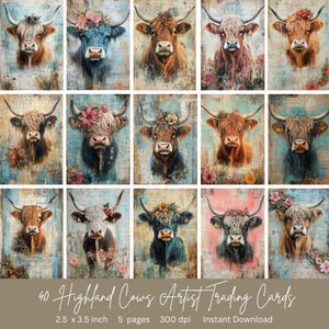 40 Highland Cow Artist Trading Cards | Instant Download | ATC Cards | Perfect for junk journal pages | 2.5 x 3.5 inches