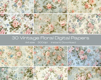 A4 Vintage Floral Junk Journal Papers – Shabby Chic Pastel Printable 30 Pages