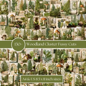 May include: A collection of 130+ woodland cluster fussy cuts featuring various green ferns, mushrooms, pinecones, and vintage book page elements. The set includes A4 and US 8.5 x 11 inch sizes with detailed botanical illustrations.
