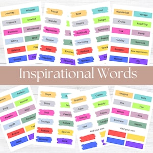 Peut inclure: Ensemble d'autocollants de mots inspirants colorés. Chaque autocollant présente un mot comme "Voyage", "Inspirer" ou "Croire" sur un fond rectangulaire. Les mots sont dans différentes polices et couleurs, avec le titre "Mots inspirants" au centre.