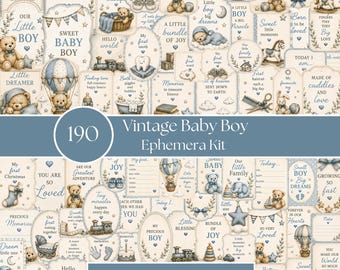 May include: A collection of 190 vintage baby boy ephemera kit tags and labels featuring blue and cream illustrations of teddy bears, hot air balloons, rocking horses, trains, and baby items with text including 190 Vintage Baby Boy Ephemera Kit.