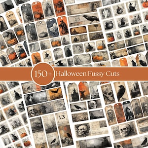 Può includere: Una collezione di ritagli meticolosi a tema Halloween in stile vintage. Le immagini includono zucche, streghe, fantasmi, corvi, teschi e altri elementi spettrali. Il testo sull'immagine recita "150+ Halloween Fussy Cuts".