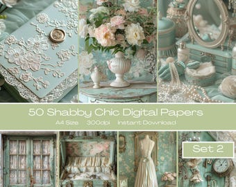 A4 shabby chic mintgroen digitaal papierpakket - set 2 | Frans plakboekpapier met bloemen | Vintage afdrukbare achtergronden | Direct downloaden
