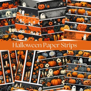 May include: A collection of Halloween-themed paper strips featuring pumpkins, ghosts, candles, and floral designs. The strips are in various colors, including orange, black, and white, with the text "Halloween Paper Strips" in an orange banner.