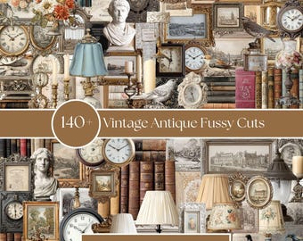 140+ Vintage Antique Fussy Cuts | Old World Ephemera | Clocks Frames Books & Curiosities | Junk Journal Printables | Scrapbook Fussy Cuts