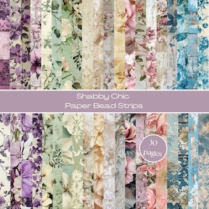 May include: A collection of paper bead strips featuring various floral and damask patterns in shades of purple, green, beige, pink, and blue. The text Shabby Chic Paper Bead Strips and 30 pages is visible on the image, showcasing decorative designs.