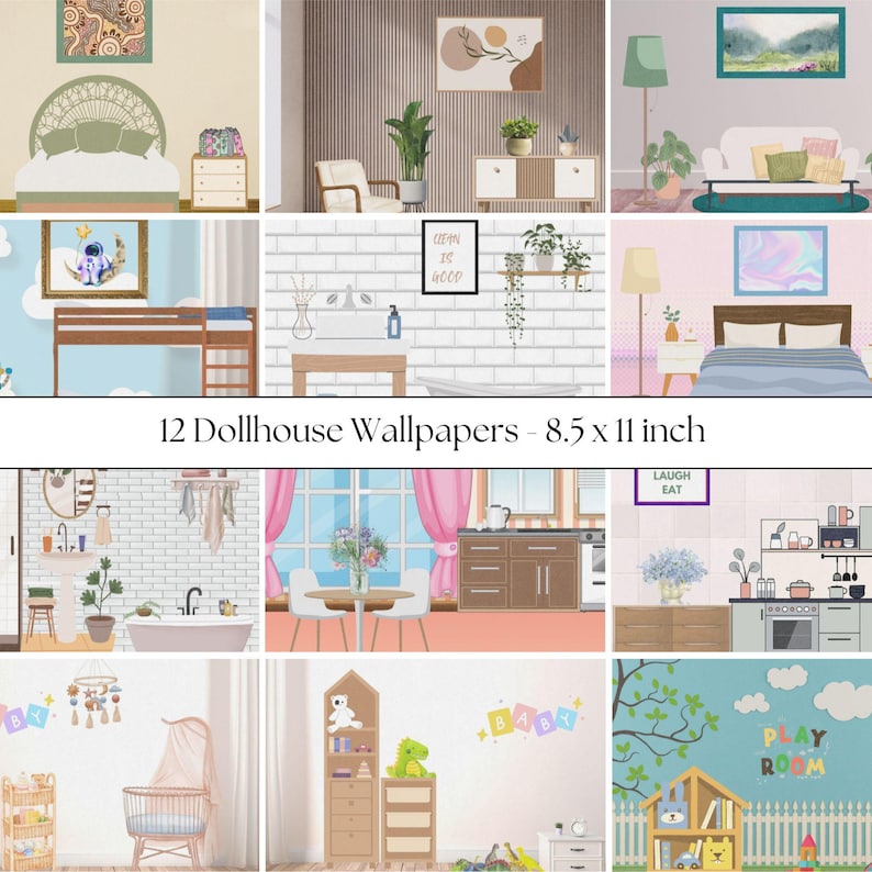 11 X 8.5in Dollhouse Wallpapers (SET 3) 12 Designs | Landscape ...
