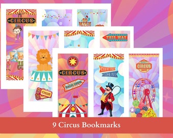 9 children's circus bookmarks. Instant download. Print at home. Encourage reading with these awesome colorful bookmarks.