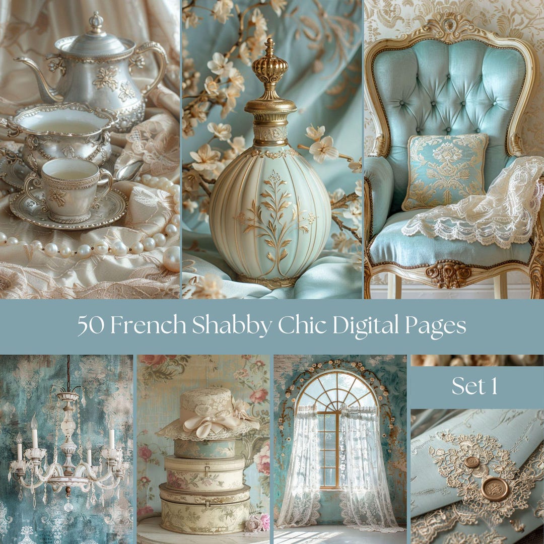 A4 Shabby Chic Blue Digital Paper Pack - Set 1 | French Floral ...