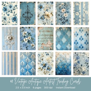 48 Blue Vintage Antique Digital Artist Trading Cards | Instant Download | ATC Cards | Perfect for junk journal pages | 2.5 x 3.5 inches