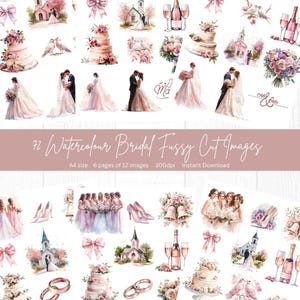 A4 Fussy Cutting Bridal |72 aquarelafbeeldingen |Witte en roze tinten |6x A4-pagina&#39;s, 12 afbeeldingen per pagina |Junkjournals, kaarten en scrapbooking