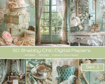 A4 shabby chic groen digitaal papierpakket - set 1 | Frans plakboekpapier met bloemen | Vintage afdrukbare achtergronden | Direct downloaden