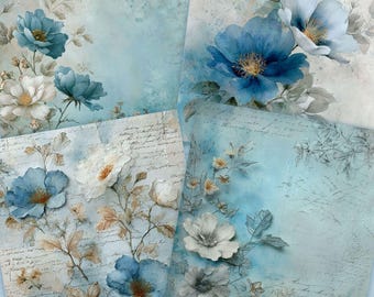 12 x 12 inch Junk journal paper scrapbook paper digital junk journal papers for scrapbook junk journal kits blue floral junk journal paper