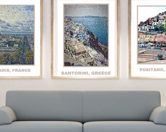 Set of 3 Wall Prints-Unframed-A2 size Mediterranean Marvels prints. A stylised art print from Amalfi Coast, Santorini and Paris.