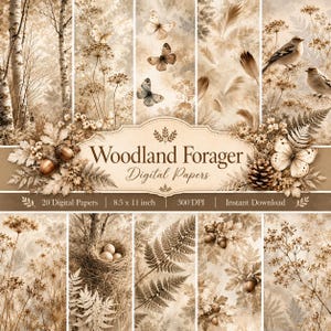 Könnte beinhalten: Eine Sammlung von zwanzig digitalen Papieren mit dem Titel Woodland Forager Digital Papers, die sepiafarbene Illustrationen von Birken, Schmetterlingen, Federn, Vögeln, Nestern mit Eiern, Farnen, Eicheln und Tannenzapfen im Format 21,6 x 27,9 cm zeigt.