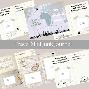 May include: A travel-themed mini junk journal with various pages featuring travel-related graphics, including a world map, airplanes, and city skylines. The journal includes space for photos and journaling, with phrases like "My Adventure Diary."