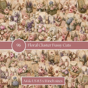 May include: A collection of 96 floral cluster fussy cuts featuring vintage-style paper ephemera, including botanical illustrations, perfume bottles, and handwritten script. The design includes text such as '96 Floral Cluster Fussy Cuts' and 'A4 & US 8.5 x 11 inch sizes' in a muted color palette of pinks, purples, and creams.