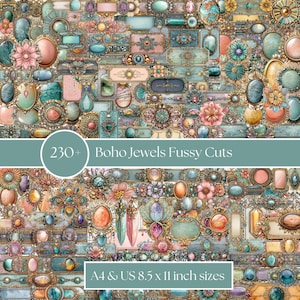 May include: A collection of over 230 Boho Jewels Fussy Cuts, showcasing diverse shapes and sizes. The designs incorporate ornate frames, floral details, and gemstone-style embellishments in teal, pink, and gold hues. The image includes text indicating A4 and 21.6 x 27.9 cm sizes.