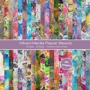 May include: A collection of mixed media paper strips featuring diverse patterns including flowers, butterflies, polka dots, and text. The image displays twenty pages of colourful, textured designs in various hues, labelled as Mixed Media Paper Beads.