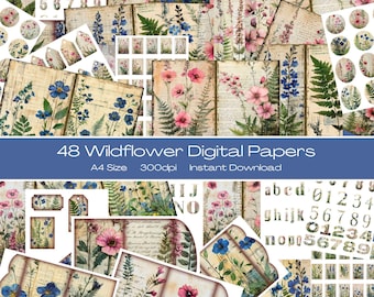Papel de diario basura A4, papel para álbumes de recortes, papeles digitales para álbumes de recortes, kits para diario basura, diario basura con flores silvestres