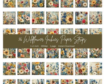 56 Wildflower Inchies Paper Strips  | 1x1 inch | Perfect for Scrapbooking, mixed media, junk journal, magnets, glass/resin jewellery