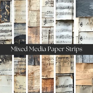 Könnte beinhalten: Eine Collage aus Mixed-Media-Papierstreifen mit Vintage-Ästhetik. Die Streifen zeigen gealtertes Papier mit Noten, handschriftlichem Text und abgenutzten Texturen in Beige-, Braun- und Grautönen. Der Text "Mixed Media Paper Strips" ist zu sehen.