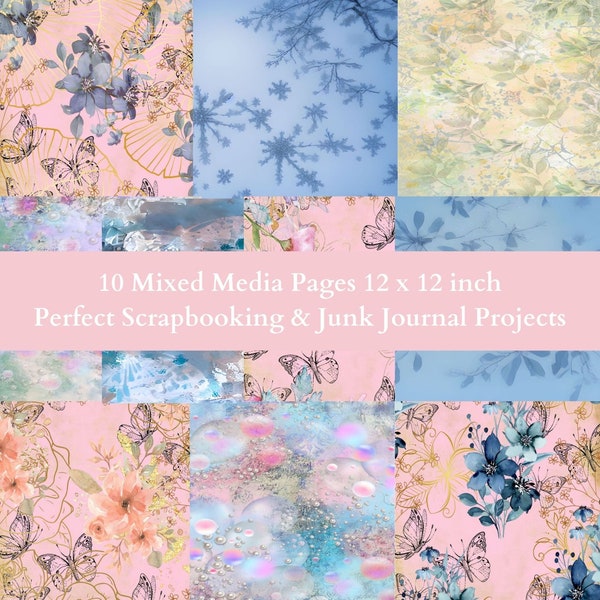 10 mixed media backgrounds 12 x 12 inch for junk journal page, scrapbook page and mixed media pages