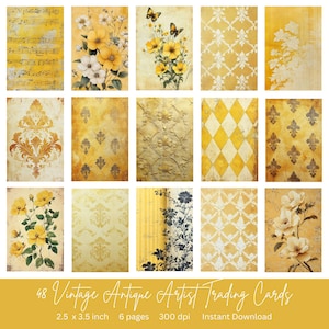 48 Yellow Vintage Antique Digital Artist Trading Cards | Instant Download | ATC Cards | Perfect for junk journal pages | 2.5 x 3.5 inches