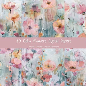 Carta digitale Boho Flowers / Formato A4 / Carta per diario spazzatura / Carta stampabile / Download digitale / Set di 20 fogli / Scrapbooking /