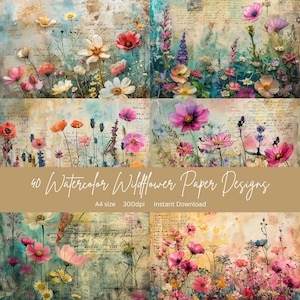 A4 Junk journal paper scrapbook paper digital junk journal papers for scrapbook junk journal kits watercolor wildflowers junk journal