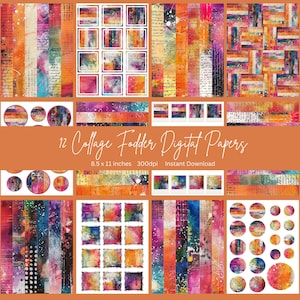 May include: Twelve digital papers with a collage fodder theme. The papers feature a variety of colourful abstract patterns and textures, including stripes, dots, and geometric shapes. The papers are 8.5 x 11 inches and 300 dpi.