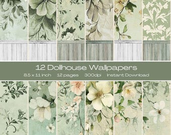 Vintage groen poppenhuisbehangpakket | 12 afdrukbare cottagecore-behangontwerpen | Miniatuurhuisdecoratie | US Letter: 11 x 8,5 inch