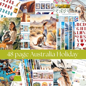 May include: A collection of Australian-themed illustrations and decorative cards. The image features a kangaroo, a woman with a koala, and the Sydney Opera House. Text reads "48 page Australia Holiday".