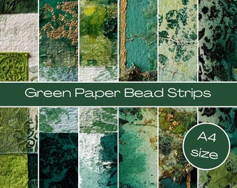 Puede incluir: Una colección de tiras de papel verticales en varios tonos de verde, con patrones texturizados, acentos dorados y motivos florales. La imagen incluye el texto Green Paper Bead Strips y A4 size. Las tiras muestran diversos acabados artísticos.